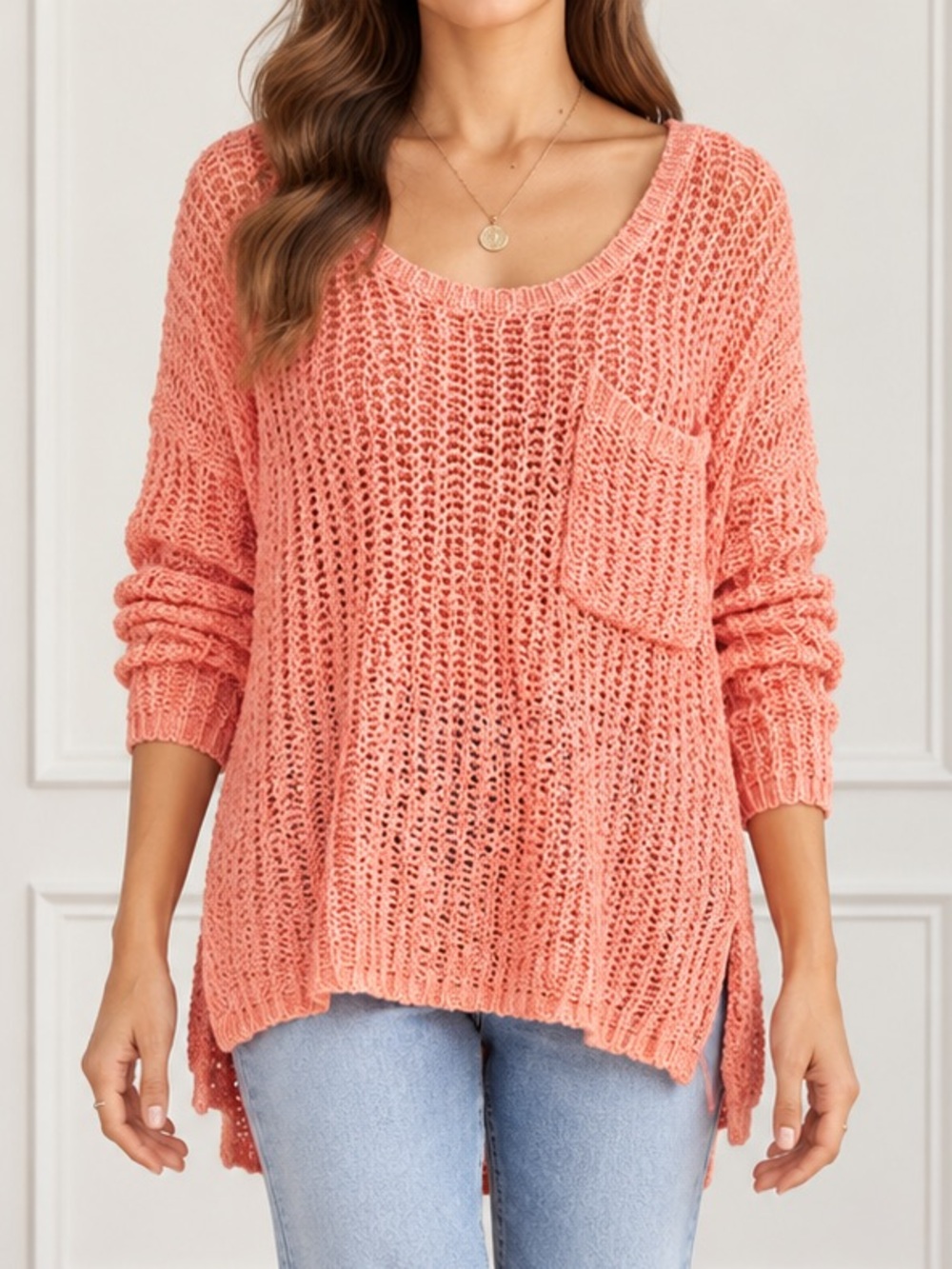 Free People Greenwich Village Sweater Sz M Coral Open Knit Oversized Tunic Boho